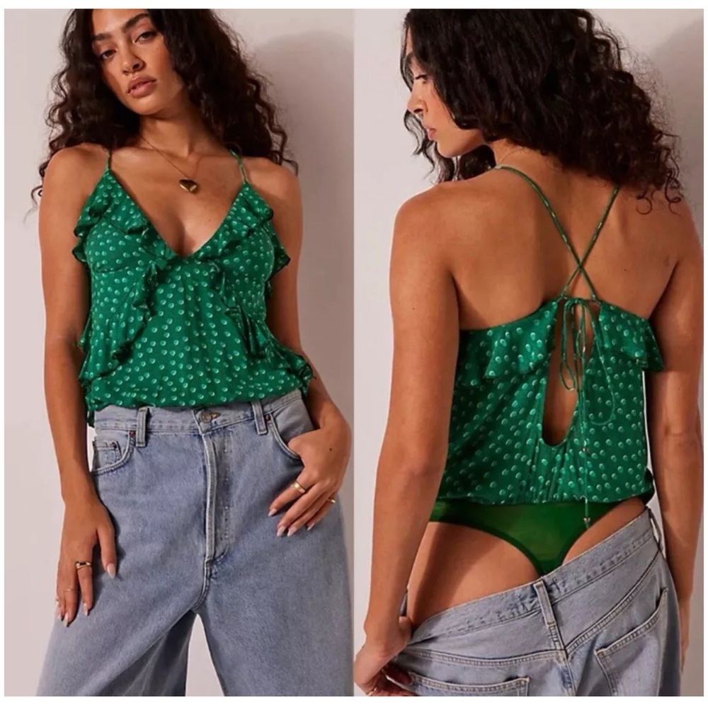 FREE PEOPLE Bella Ruffle Babe Polka Dot Thong Bodysuit Girlie Boho M